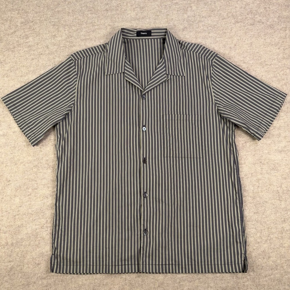 Theory Daze Camp Shirt Mens Medium Striped Loop Collar Gray Green Button Up S/S